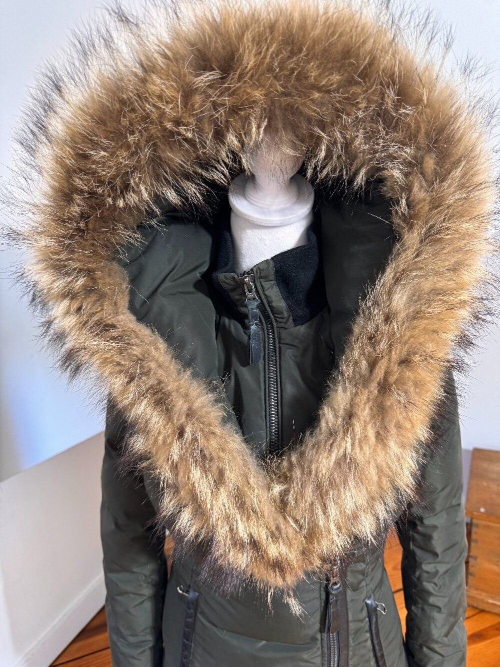 Mackage Olive Green Puffer Coat with Real Fur Trim Hood